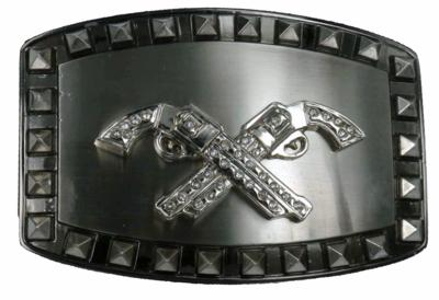 two guns crossed with stones on square with spikes gray belt buckle western beltbuckle style