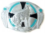  hauling wolf on oval aqua and gray belt buckle western beltbuckle style