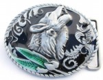  hauling wolf with green feather blackl background belt buckle