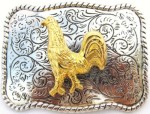  rooster gold on gray frame with rope edges belt buckle