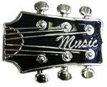  guitar handle with music word and symbol cutout black and silver belt buckle