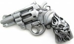  pistol with flaming skull on handle gray color belt buckle