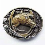  horse head with horse shoe  in brown and feathers on oval belt buckle