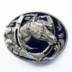  horse head with horse shoe  in gray and feathers on oval belt buckle