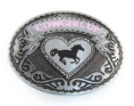  cowgirl up in pink with running horse inside a heart oval shapped gray black and gray belt buckle western beltbuckle style