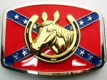  rebel flag on square with horse and horse shoe gold belt buckle