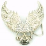  skull with wings and stones cutout silver belt buckle