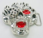  skull with fire and stones cutout silver red and black belt buckle also has storage compartment