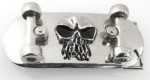  skate board with skull with wheels that spin belt buckles