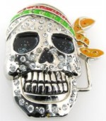  skull with red green and yellow bandana with stones belt buckle