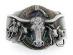  western beltbuckle bull head with cowboys on horses in background beltbuckle