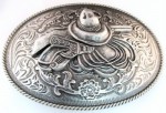  western beltbuckle oval with gun rope and hat beltbuckle gray