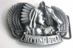  sitting bull indian with feather crown next to horse gray and black belt buckle